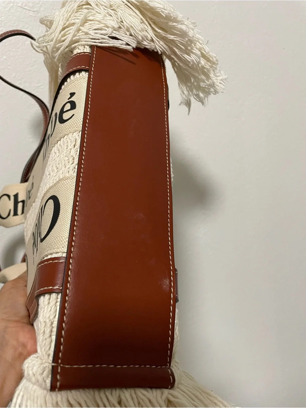 Chloé Natural crochet Tote with Branded Canvas Straps and Brown Leather Trim